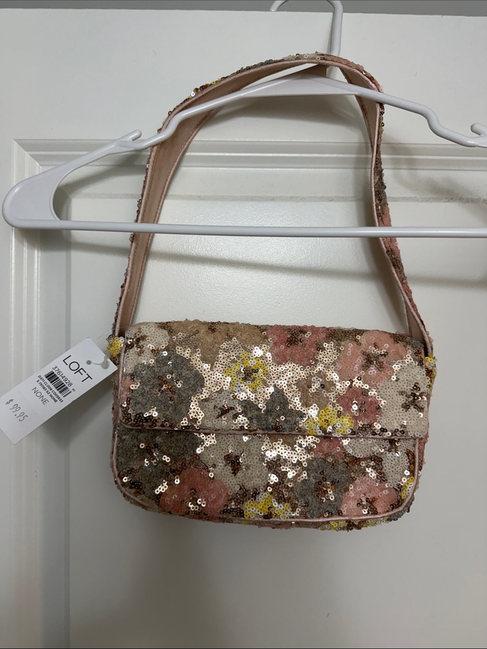 LOFT Pink Sequin Floral Shoulder Bag with Yellow Accents
